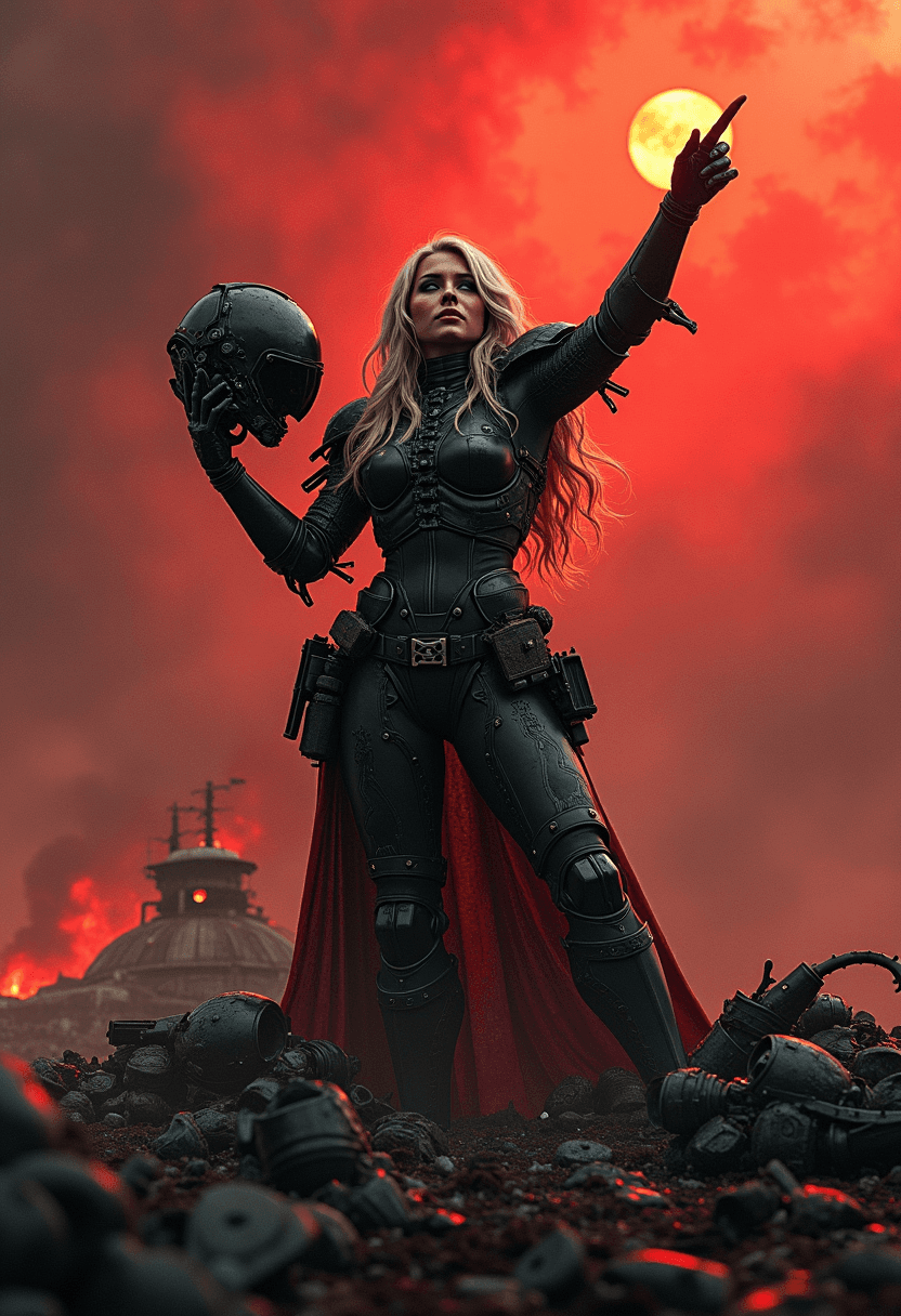 AI generated: a beautiful blonde female helldiver posing with her quasar cannon pointing the sky on one hand and h...