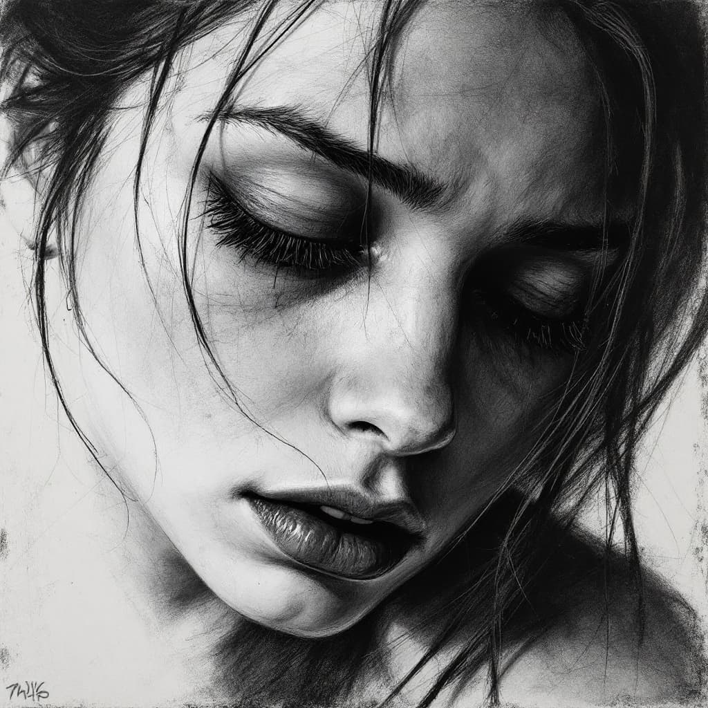 AI generated: Charcoal drawing, portrait, depressed girl, expressive