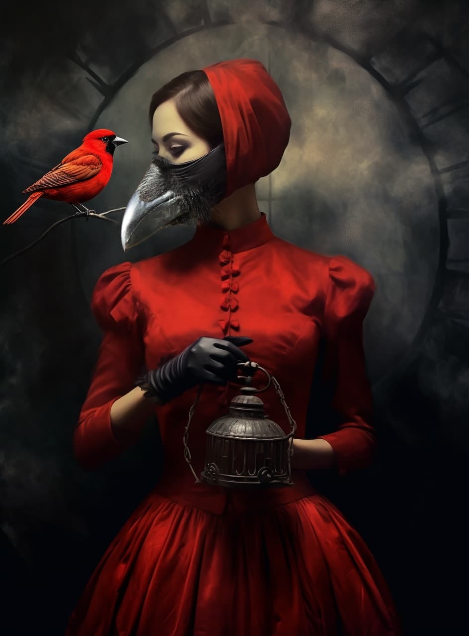 AI generated: women in red top with mask, in the style of moody still lifes, noir comic art, naturalistic bird por...