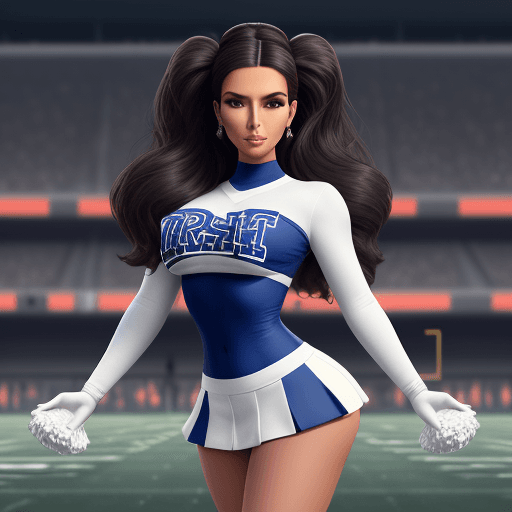 AI generated: (koh_kimkardashian:0. 85) dressed as a cheerleader standing on (((football field))) , (high detailed...