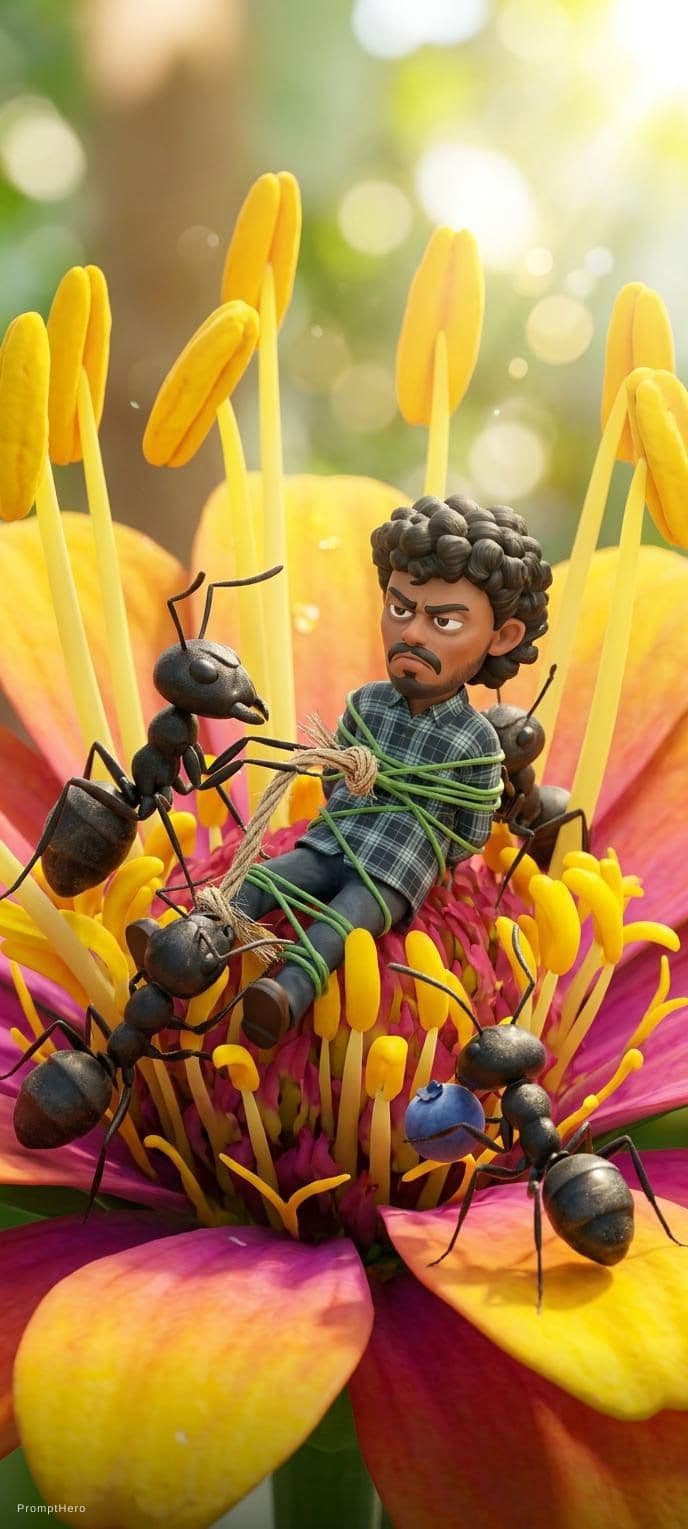 AI generated: An animation of several ants working together to defeat a giant villain in a flower.