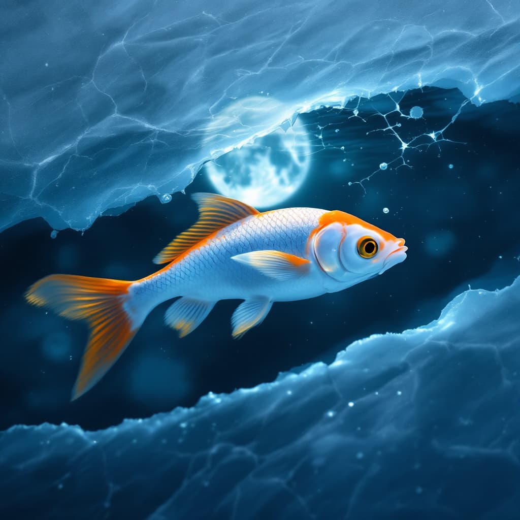 AI generated: “Nighttime scene. A white-gold fish swimming under a smooth, fractured ice surface. The ice is gloss...