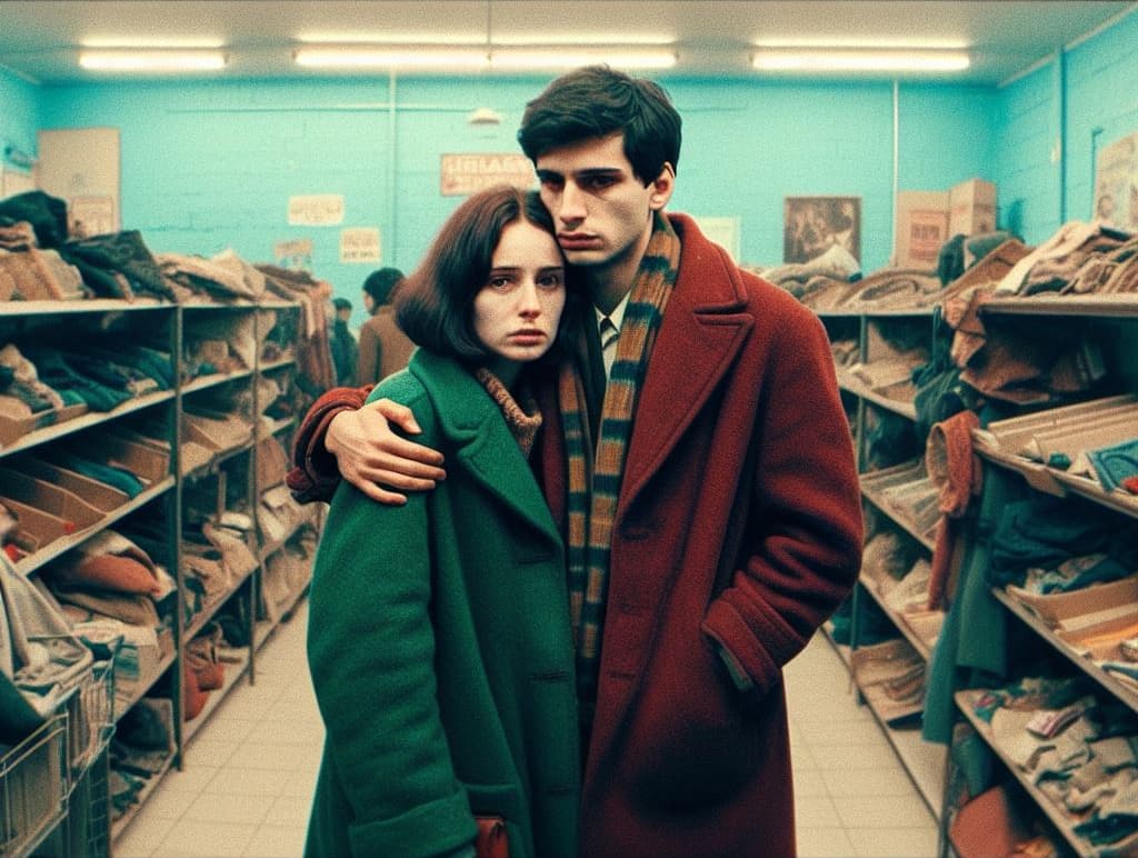 AI generated:  A middle class couple share a moment in a frugal thrift store, they are desolate. Triadic palette, ...