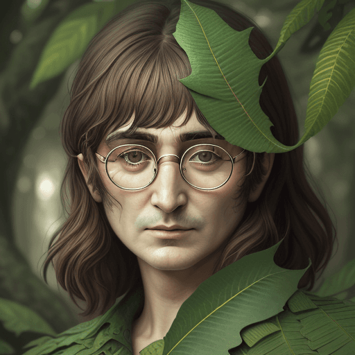 AI generated: pensive face made entirely of tree leaves, John Lennon face, the face slowly fades, detailed lips, d...