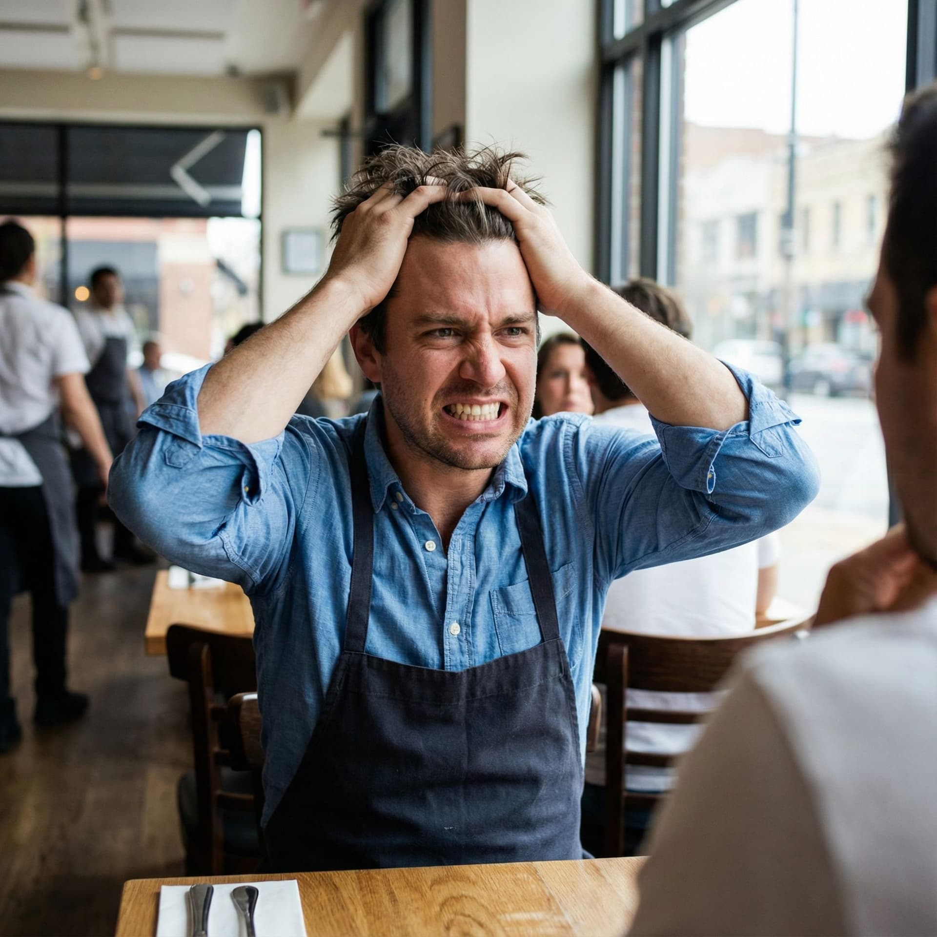 AI generated: good looking Business owner panicking with hands in hair in his restaurant and showing teeth, sittin...