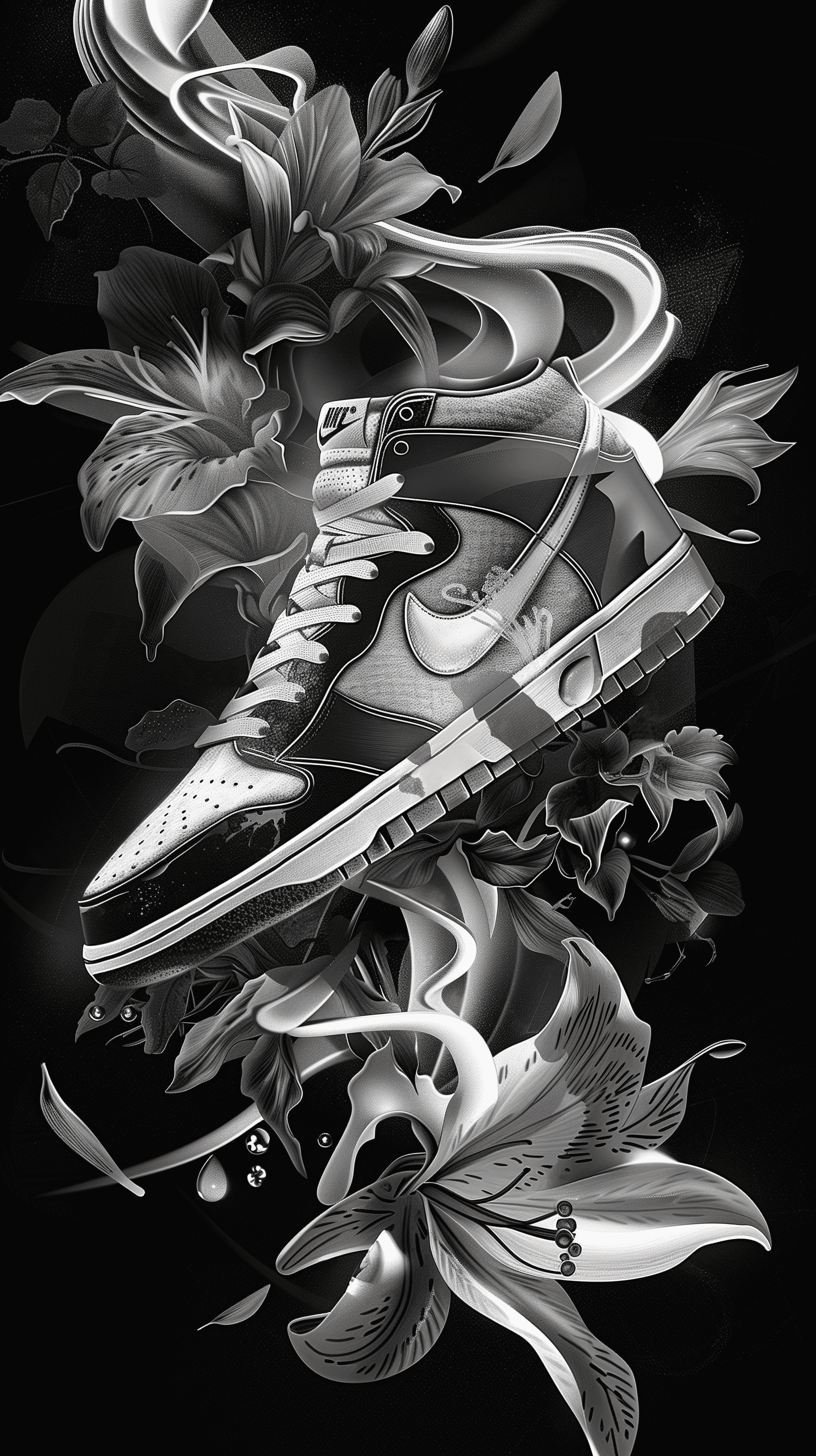 AI generated: illustrate an intricate Nike sneakers arrangement bursting with life against a stark black backgroun...