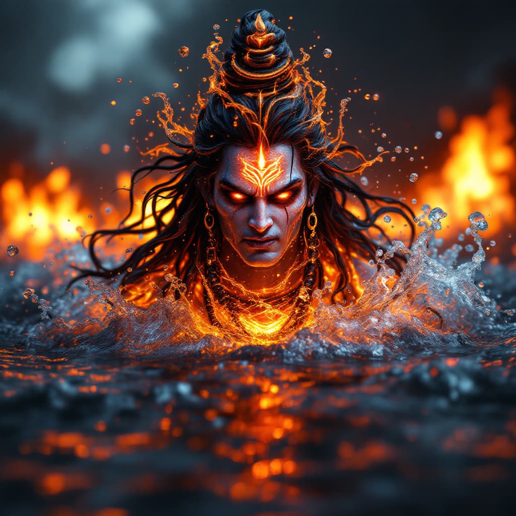 AI generated: POWERFUL scary look Lord Shiva made of water, fire background hyperdetailed, great photo, contrastin...