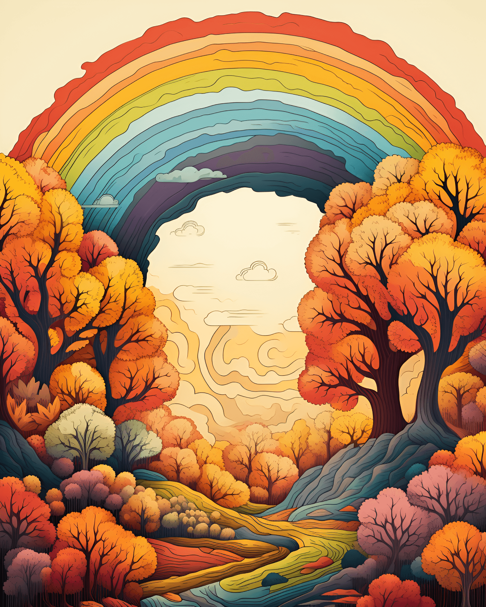AI generated: Illustration of autumn, Three-quarter view, Rainbow background, Art nouveau, Stone carving, Colorful...