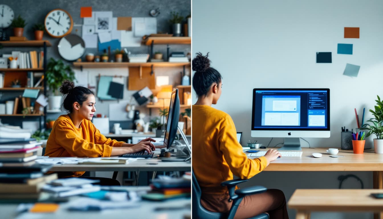 AI generated: Design a cover image for an article about AI productivity tools. The image should be a split-screen:...