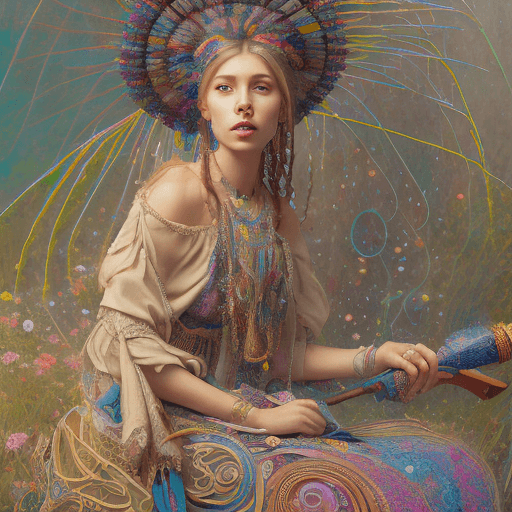 AI generated: a hyper lady with a hyper 
 beautiful face with a long multicolored
 Bohemian dress, 
 sitting on a ...