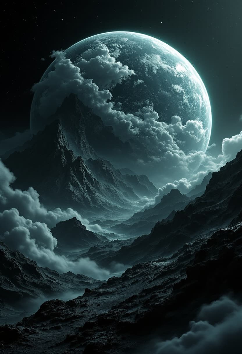AI generated: a Green Planet full of grey clouds and steep mountains and large bodies of water but the waters blac...
