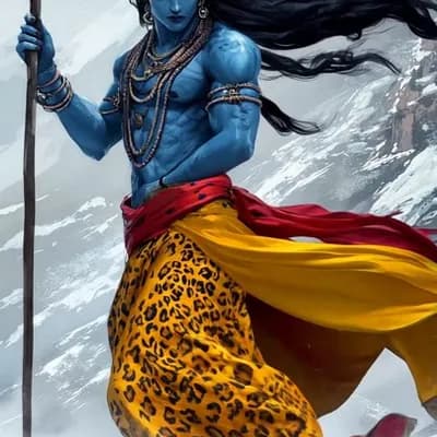 AI generated video: A stylized depiction of a blue-skinned lord shiva wielding a trident (trishul) , poised dynamically ...