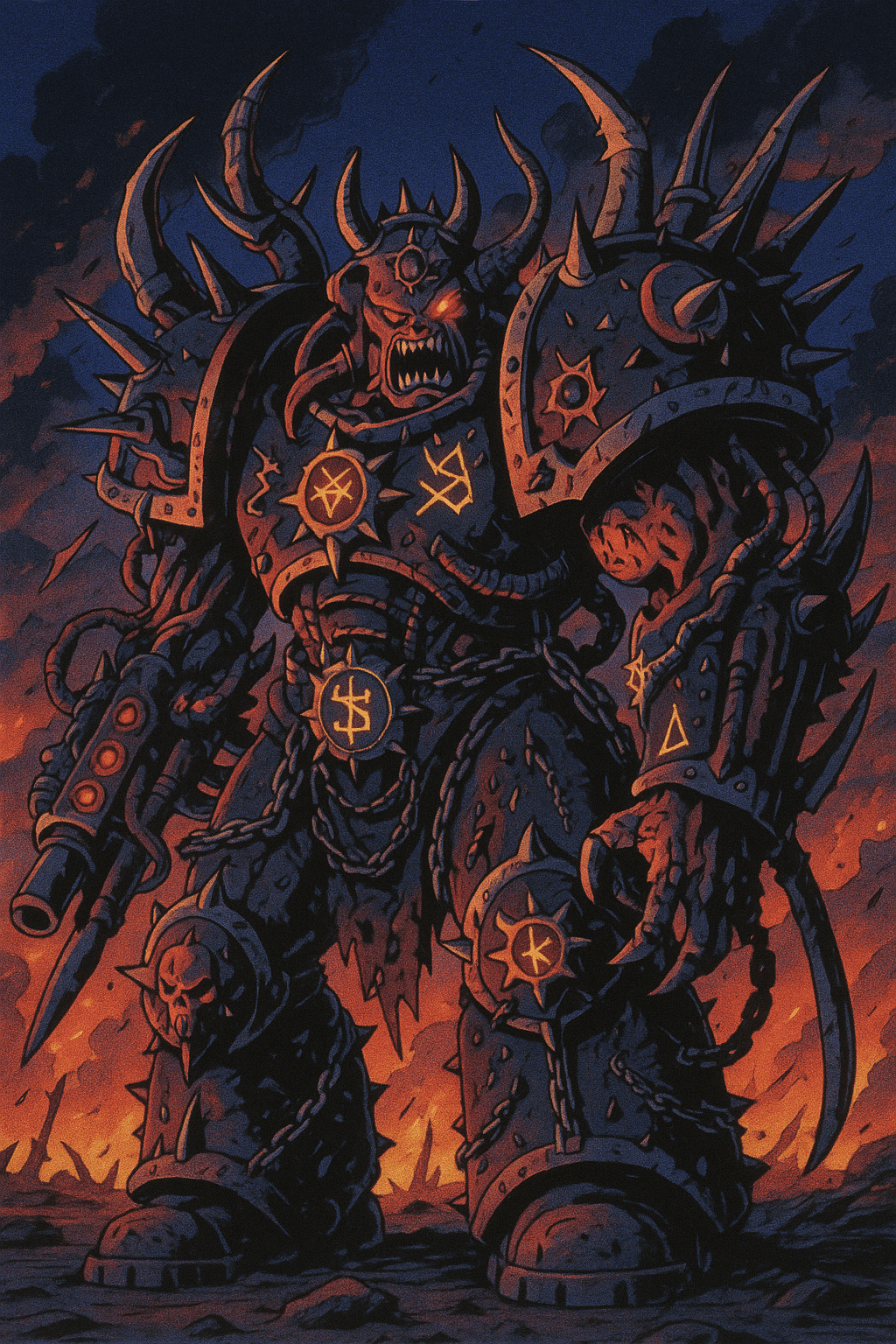 AI generated: Chaos Obliterator from Warhammer 40K, a massive mutated warrior fused with twisted power armor and g...