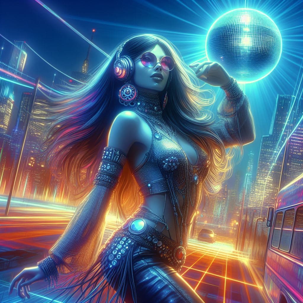 AI generated: disco girl dancing in the city , diffuse lighting, fantasy, intricate, elegant, highly detailed, lif...