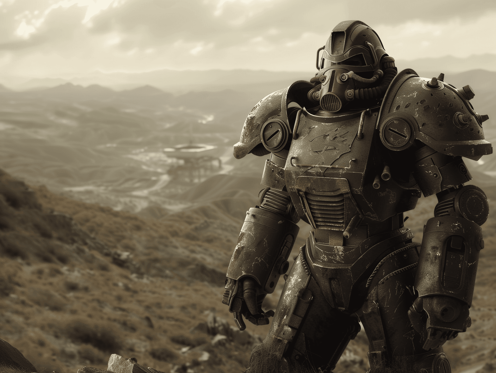 AI generated: a brotherhood of steel armored soldier gazing through the wasteland