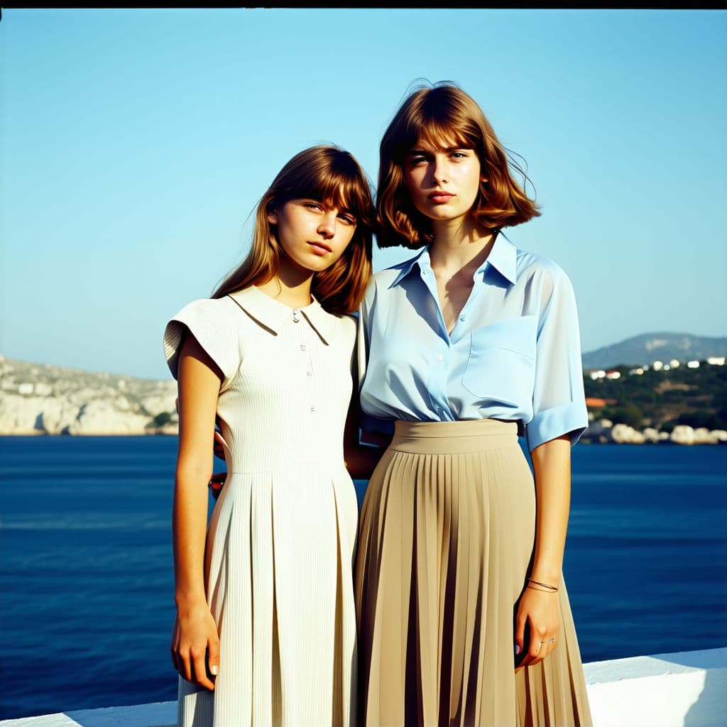 AI generated: two girls together, one wearing a dress and the other wearing a shirt and skirt, in the style of 197...