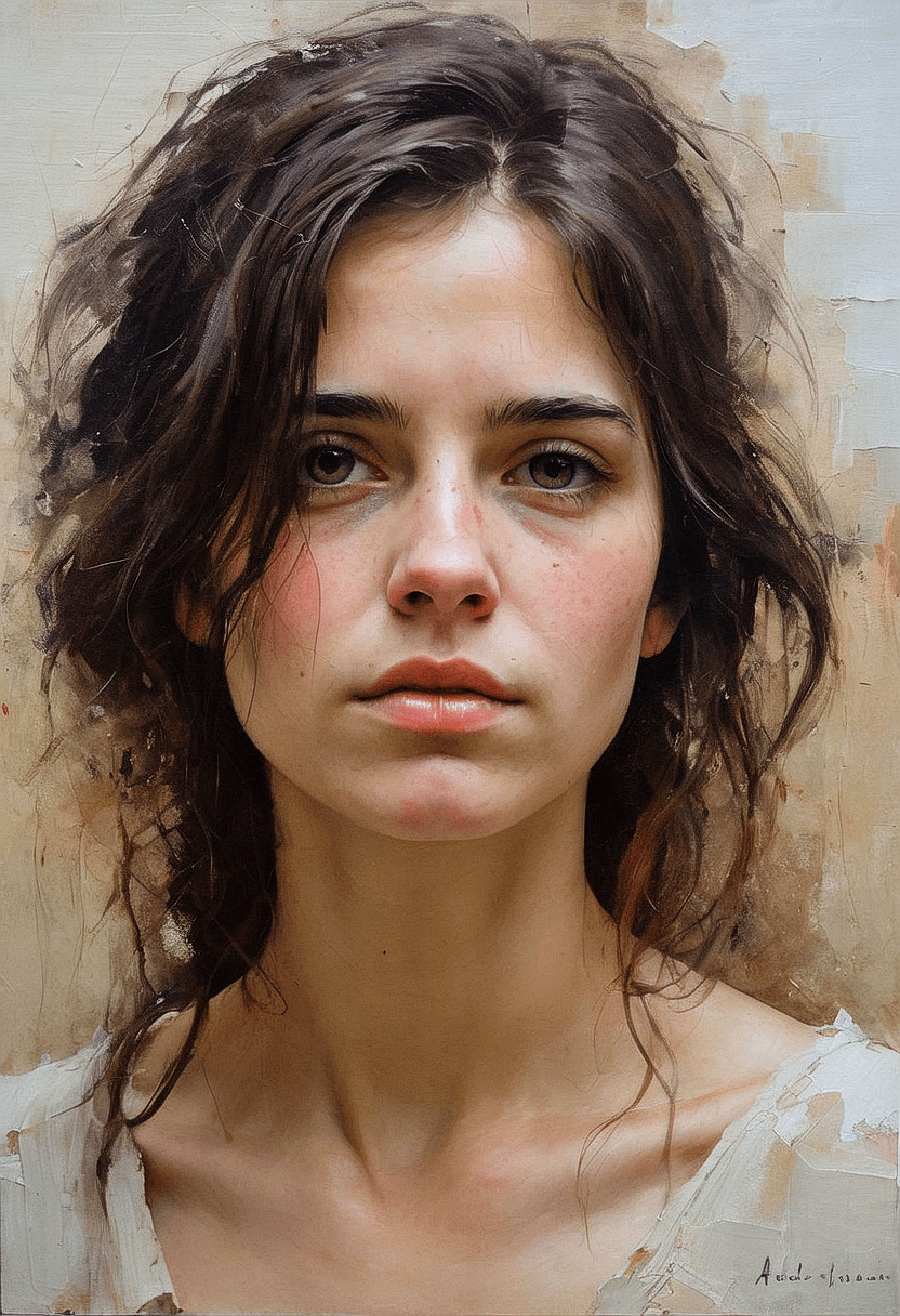 AI generated: An oil-painting image a sad looking woman. Artist: {random}