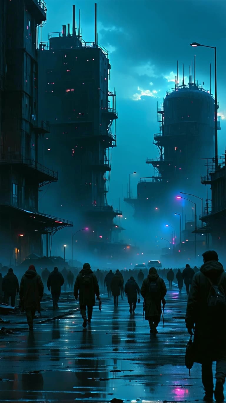 AI generated: Hyperrealistic, hellish, dystopian, decaying buildings, futuristic street scene, 
with a futuristic ...