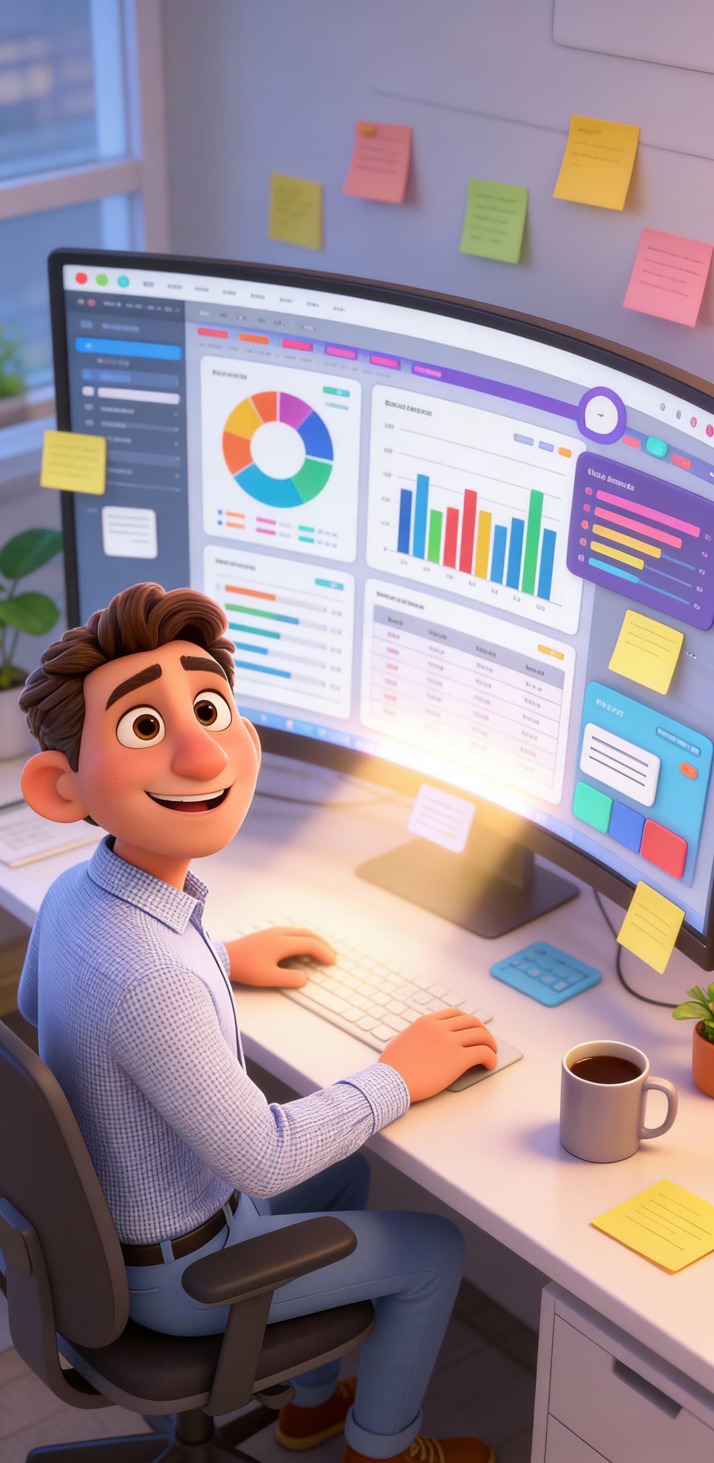 AI generated: Create a Pixar-style digital illustration of a cheerful office worker using a modern report builder ...
