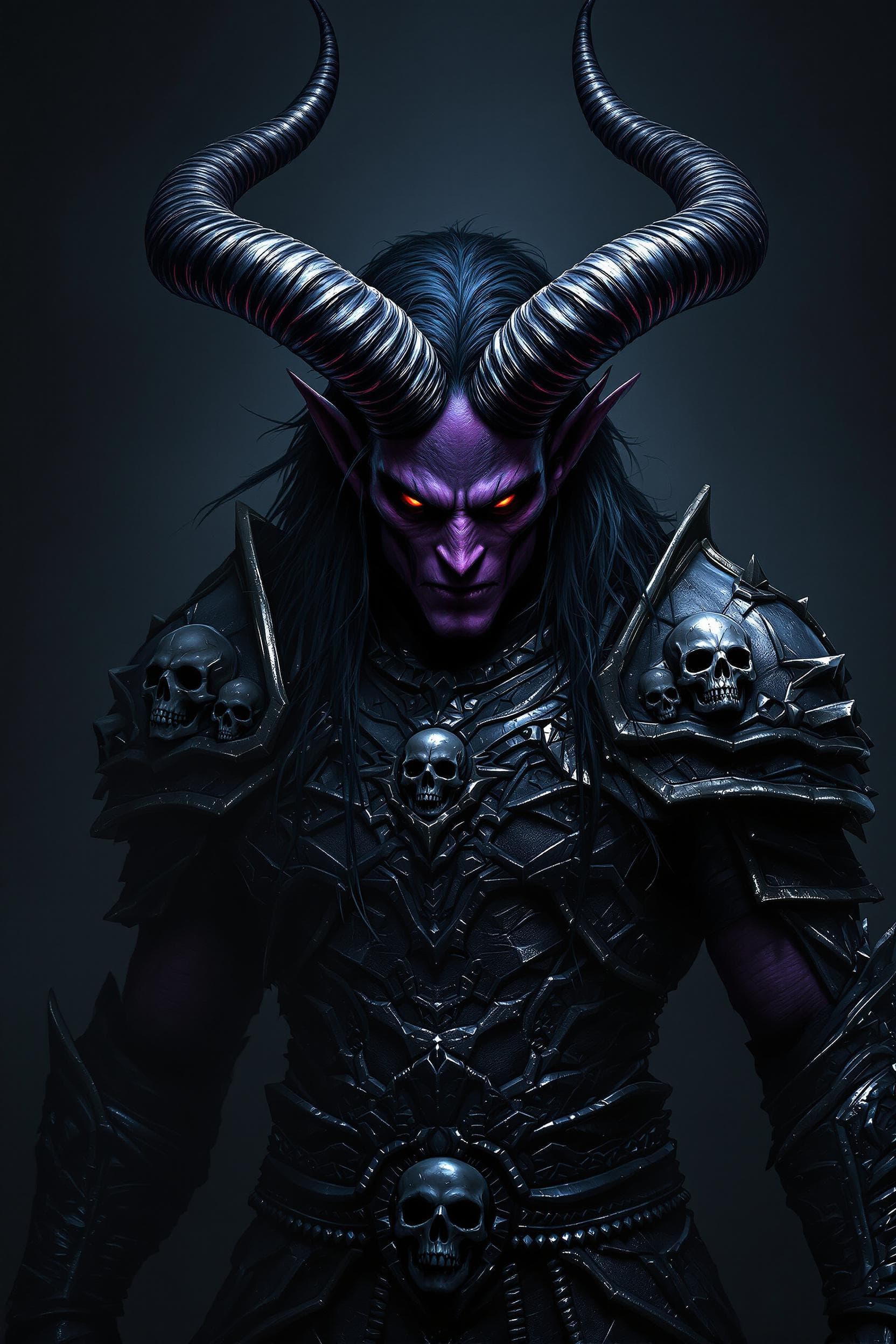 AI generated: all whole total body photo of a Male purplish-skinned demon, Menacing Horns, piercing red eyes with ...