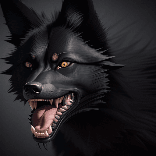 AI generated: Black wolf, open.mouth teeth showing . octane render, trending on artstation,t symmetrical artwork. ...