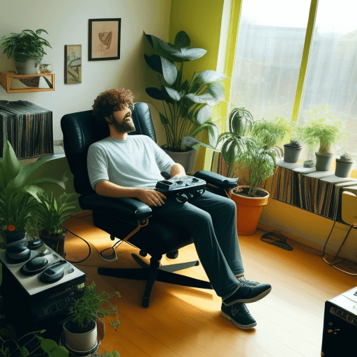 AI generated: A guy chilling in a sunny room with plants in. He is listening to a record player which is playing s...