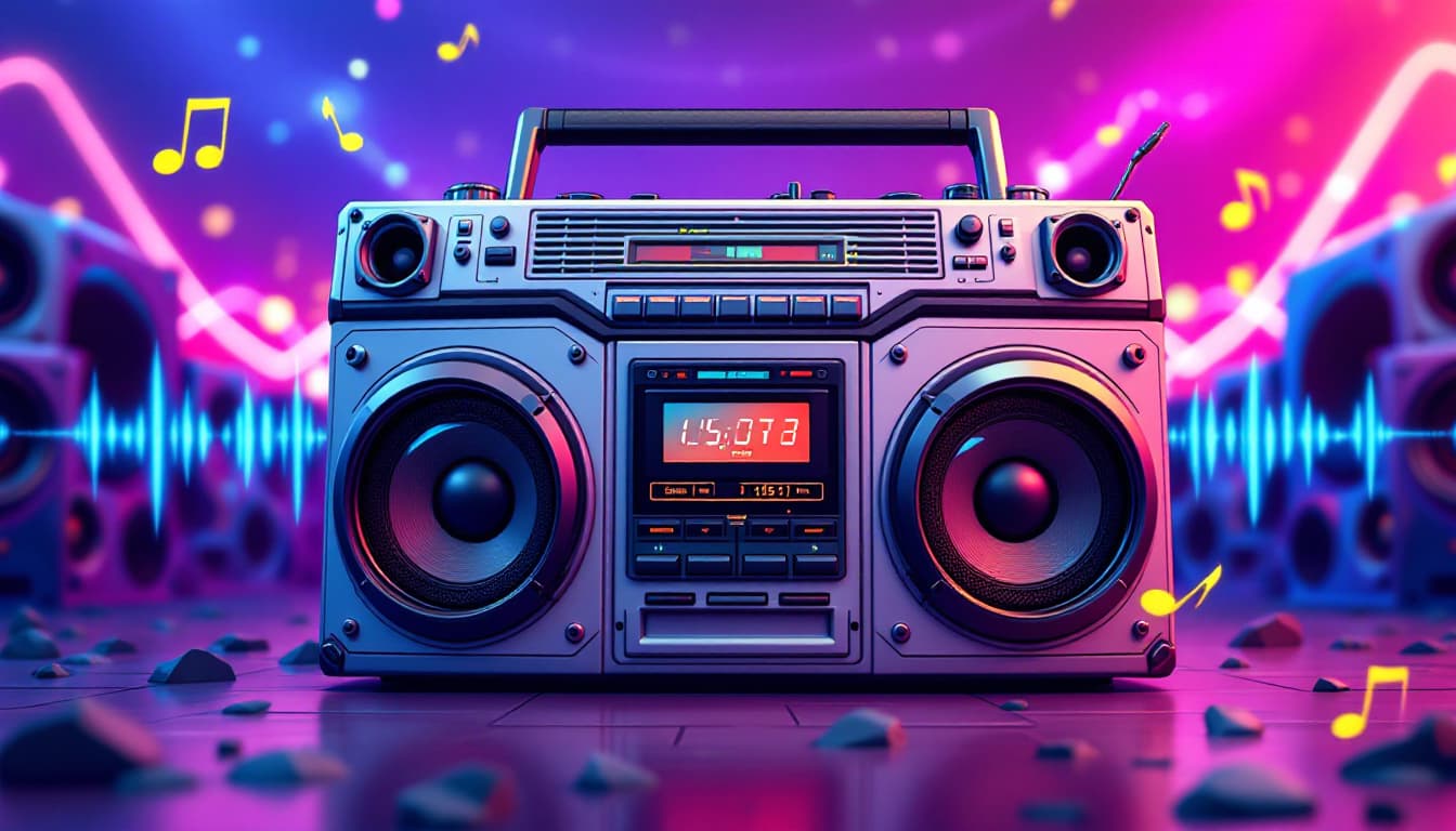 AI generated: Hyper realistic eye level exterior photo of A cartoon-style boombox with musical notes and sound wav...