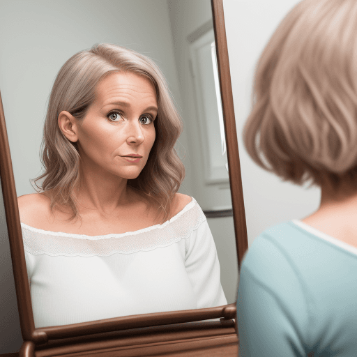 AI generated: Real image of a 40 year old woman admiring herself in the mirror