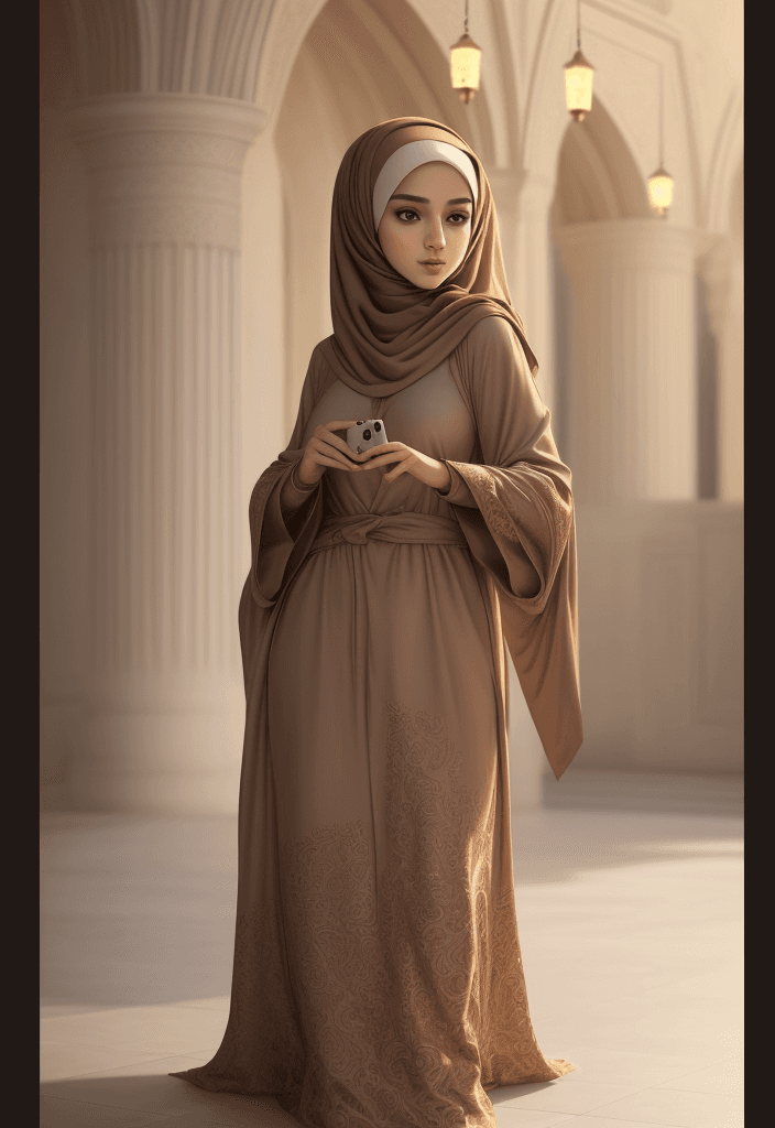 AI generated: best quality, masterpiece, (realistic:1.2), luminate, beautiful muslim, hijab, twirling hijab, robe,...