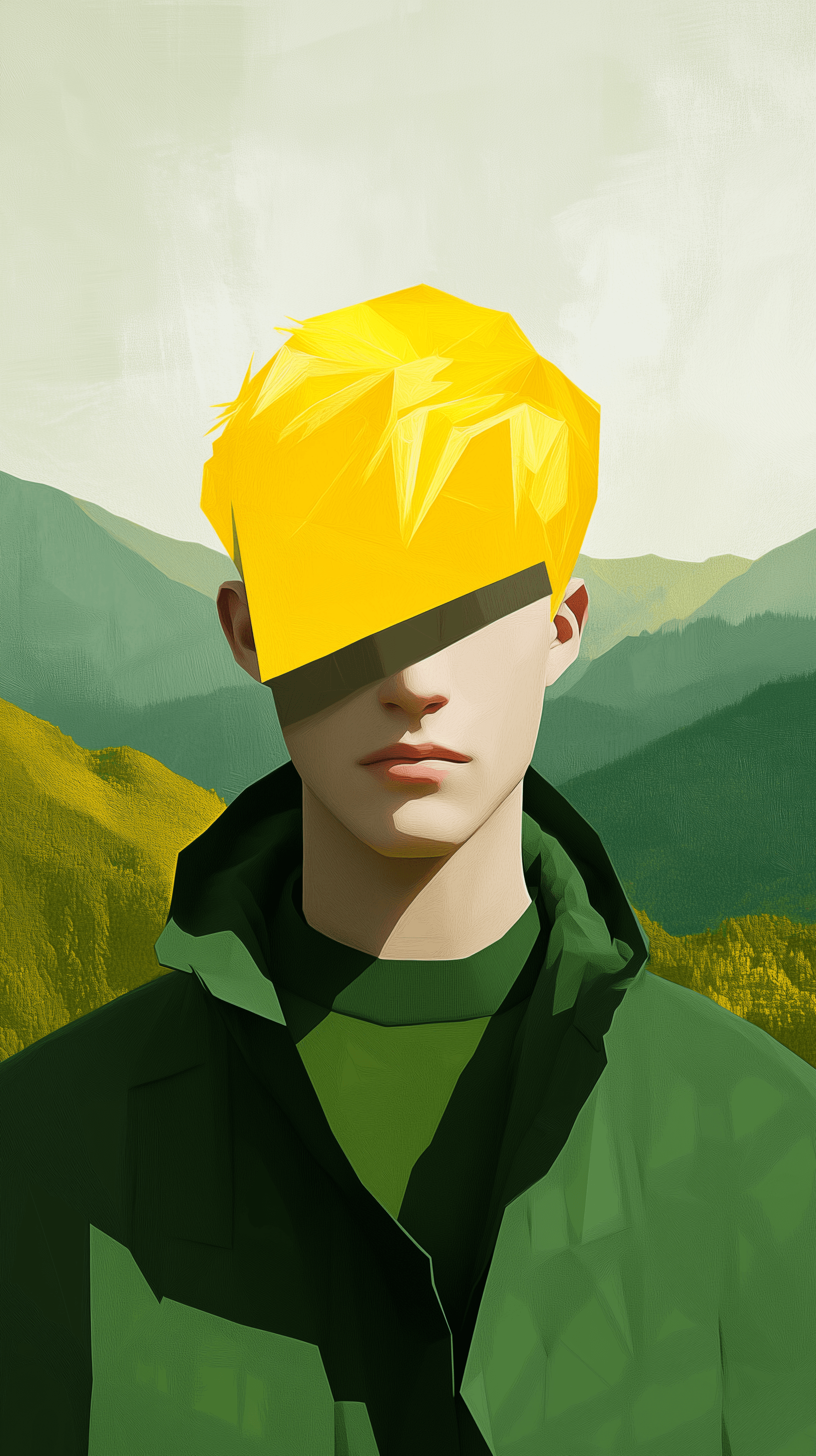 AI generated: minimalist portrait, man, bright yellow hair in a monochromatic green set, low-poly style, simple ge...