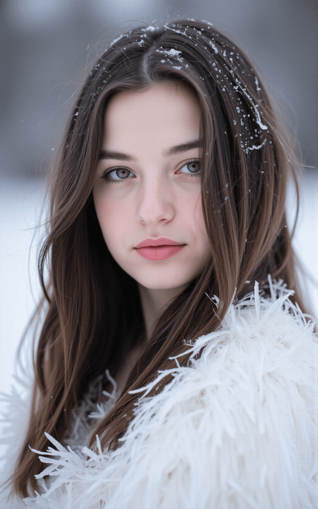 AI generated: A young woman stands at the center with flawless porcelain skin and a slender, graceful frame, her p...