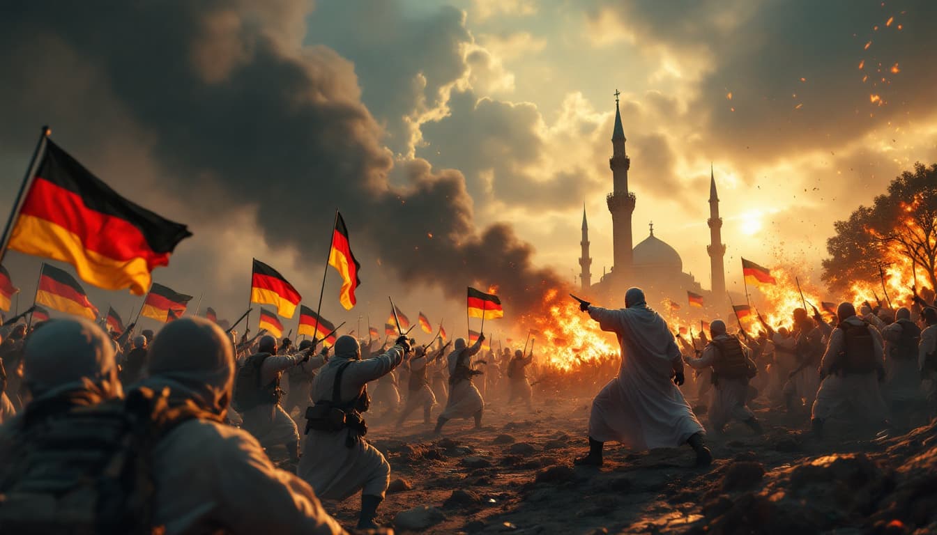 AI generated: modern epic scene of Christians and Muslims fighting together against evil terrorists, German flags ...