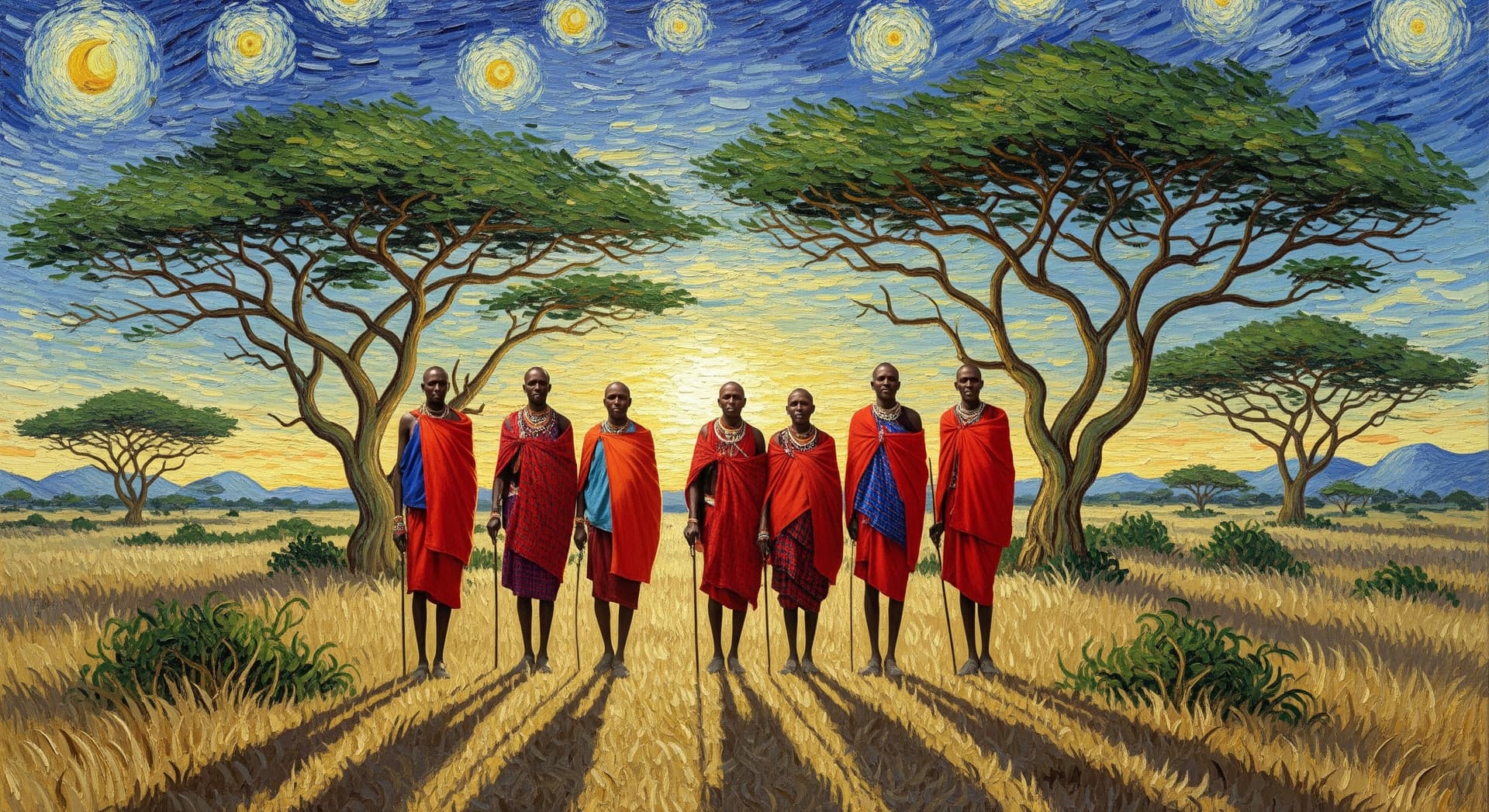 AI generated: A painting that fuses the style of Vincent van Gogh with the aesthetics of the Masai people. The ima...