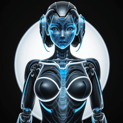 AI generated: half robot women, fine attention to anatomy, black, white, and florescent blue, relaxed, high dynami...