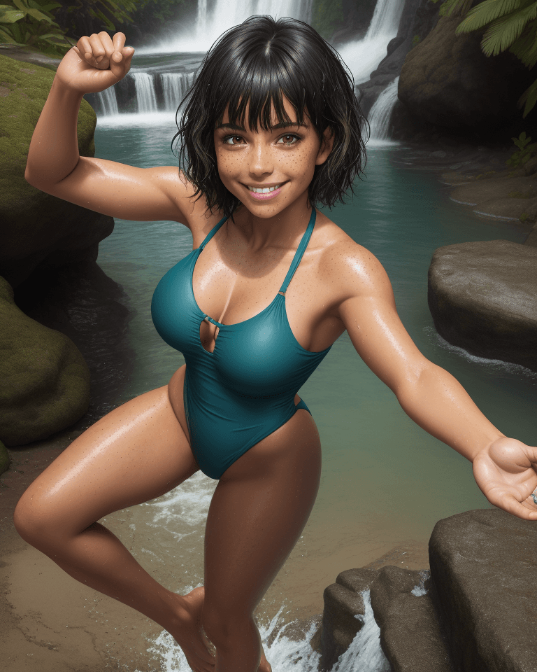 AI generated: Full body, Latina, tan, toned body, soaking wet, short dark teal hair with bangs, freckles, smiling,...