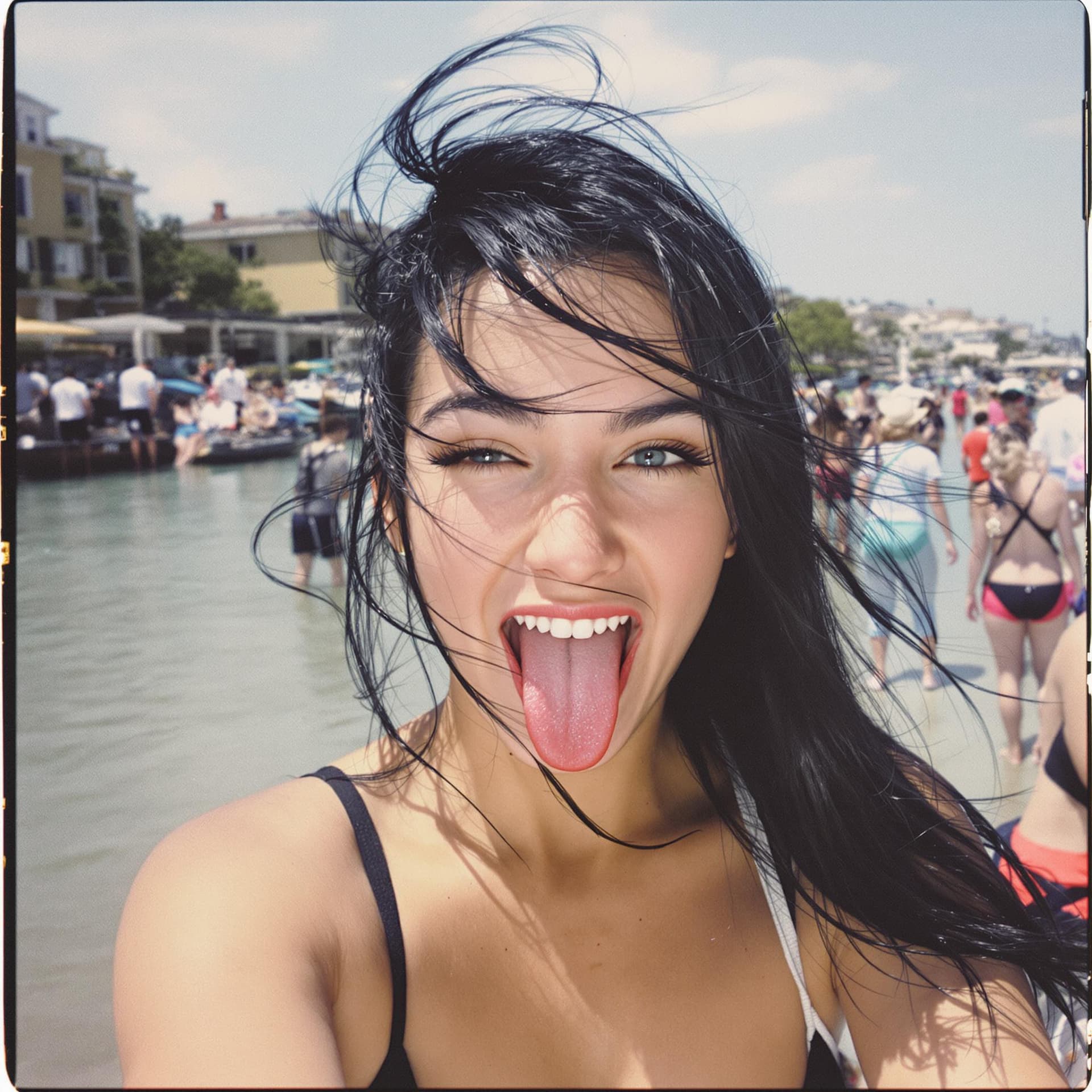 AI generated: 18-year-old woman, black hair, light blue eyes, tanned white skin, thin body and light makeup. She's...