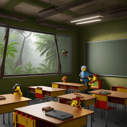 AI generated: old classroom in jungle with lego ,lego animals in that classroom , 8k
