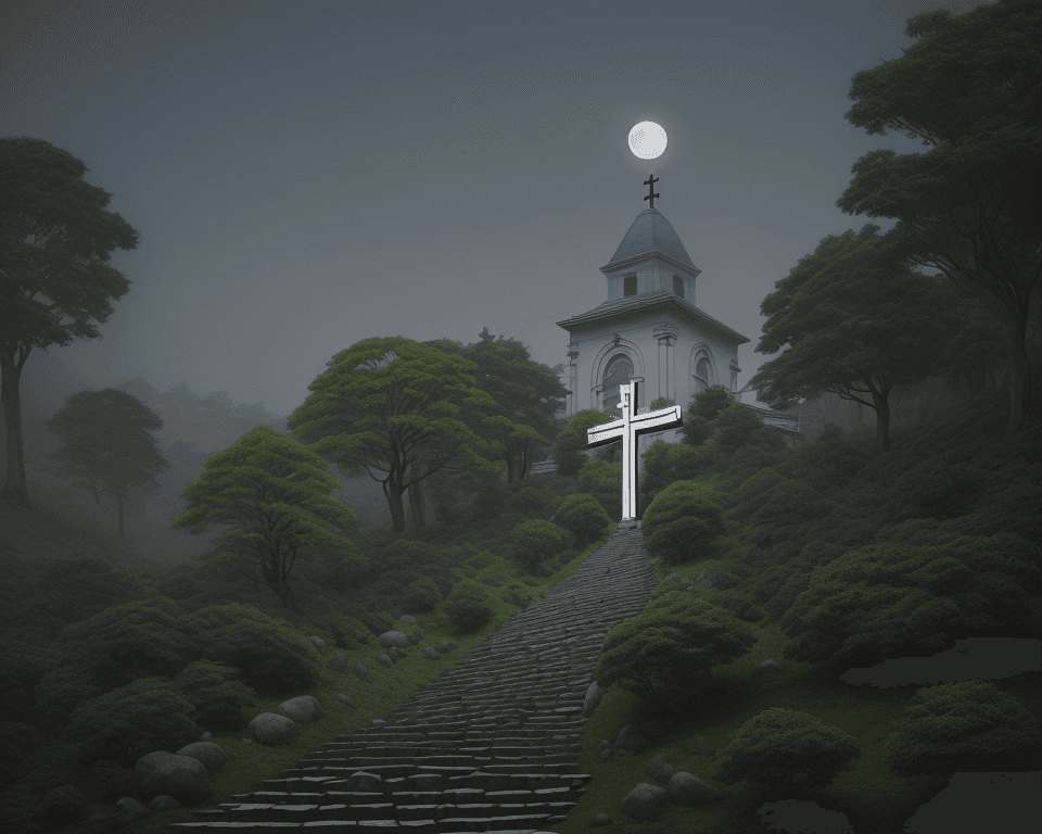 AI generated: rocky hill full of long green trees with stairs going up to the top where there is a wooden holy cro...