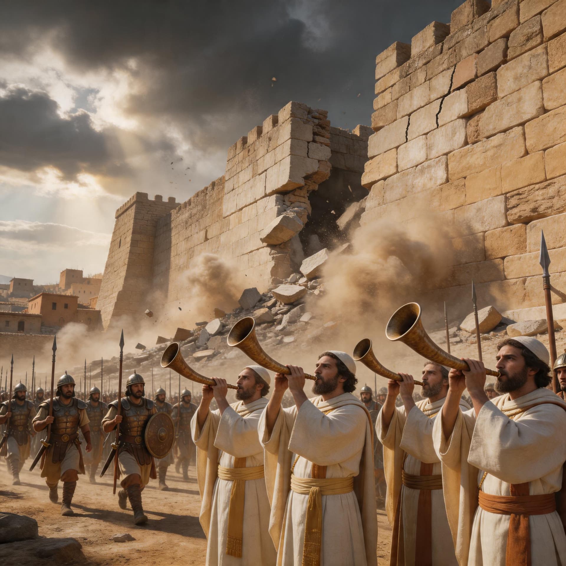 AI generated: Joshua and the Fall of Jericho
walls of Jericho collapsing as priests blow rams horns and Israelites...