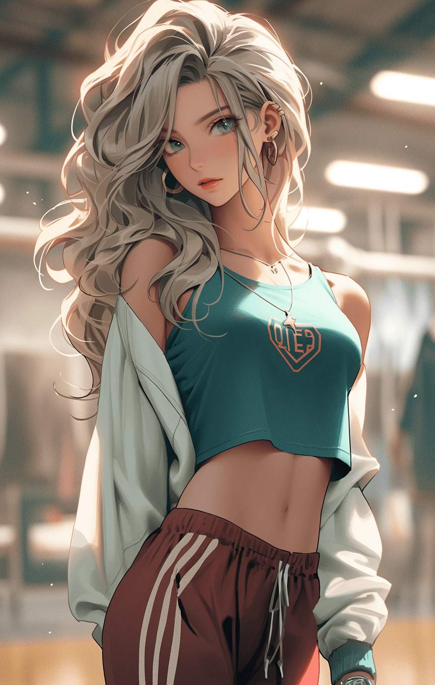 AI generated: an anime girl is standing in a gym, in the style of photo-realistic techniques, light emerald and li...