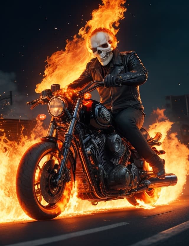 AI generated: Ghost rider riding hiis bike, skull and tyres on fire lo9king so creapy 