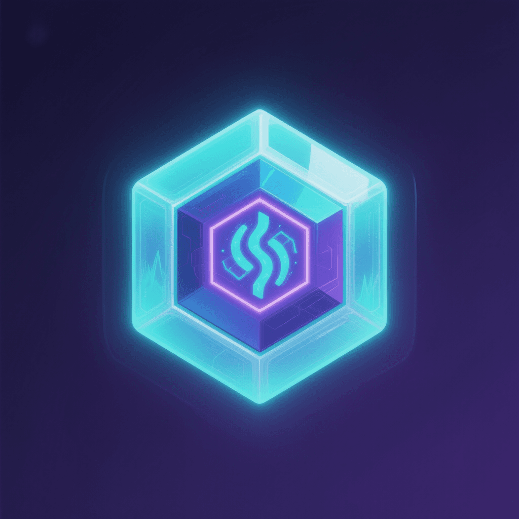 AI generated: glowing geometric cube icon, cyan #00D4FF dominant color, dark purple #2A1B5E 
background, temperatu...