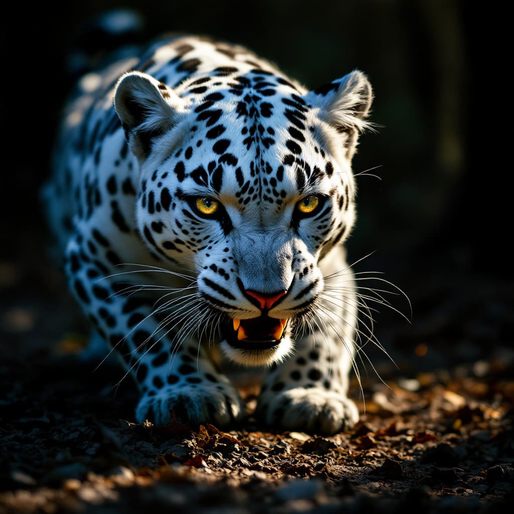 AI generated: white leopard growling,
dramatic lighting