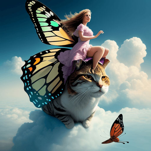 AI generated:  pretty girl riding a giant butterfly on the cloud. With a cat. Cinematic. Hdr,12k