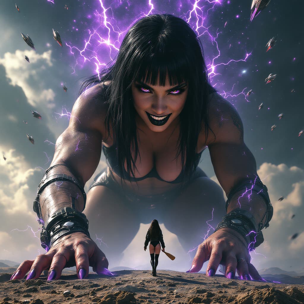 AI generated: enormous giantess female Rhea Ripley from WWE with black medium length hair and straight bangs, bigg...