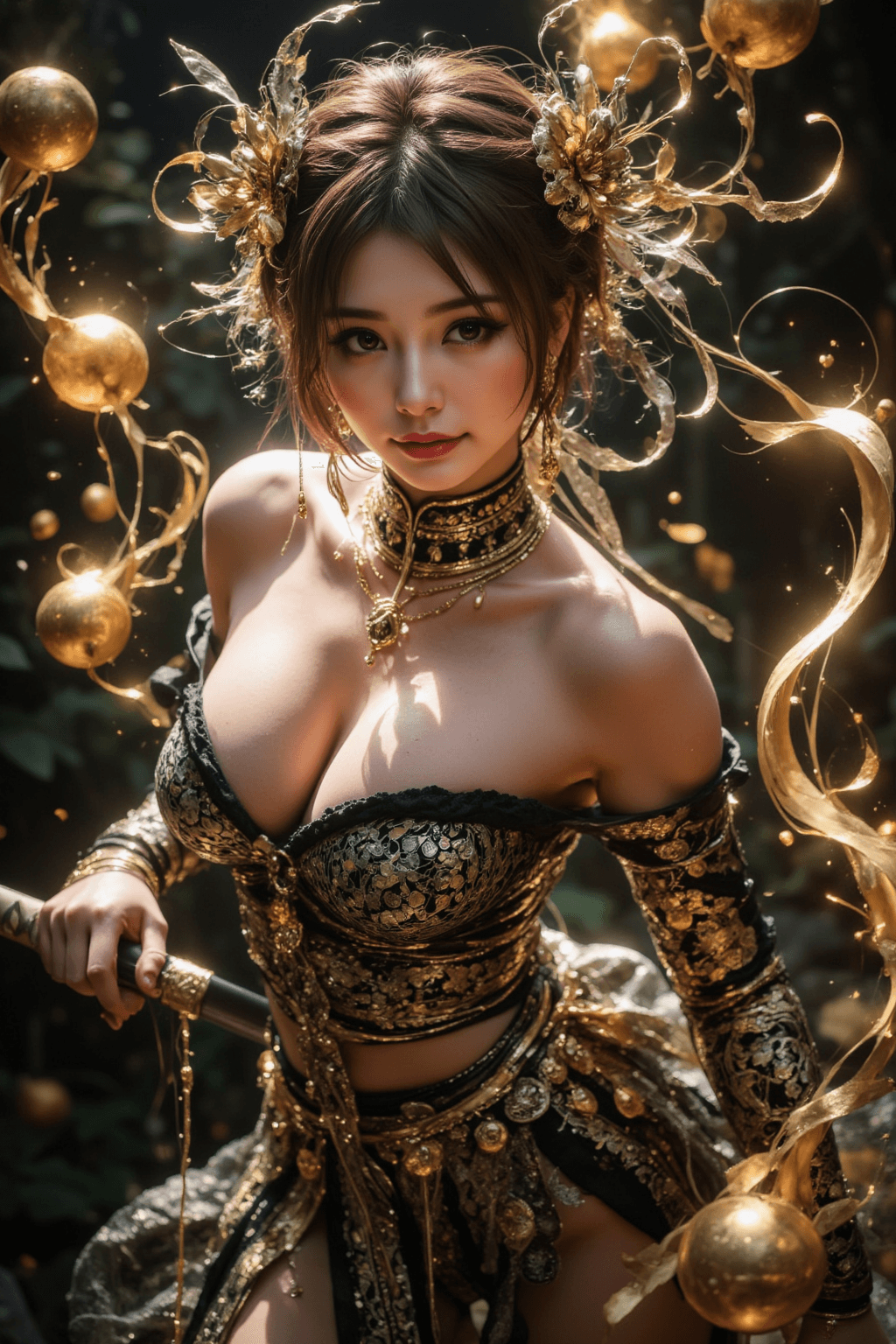 AI generated: Japanese Yakuza Oiran, elegant strapless outfit, intricate puzzle-like ornaments, mysterious heteroc...