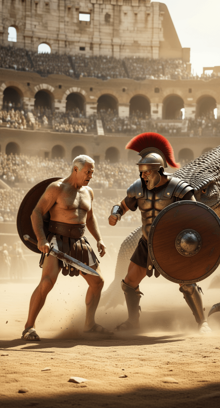 AI generated: Ultra-realistic documentary-style action photography inside the Roman Colosseum, bathed in warm gold...