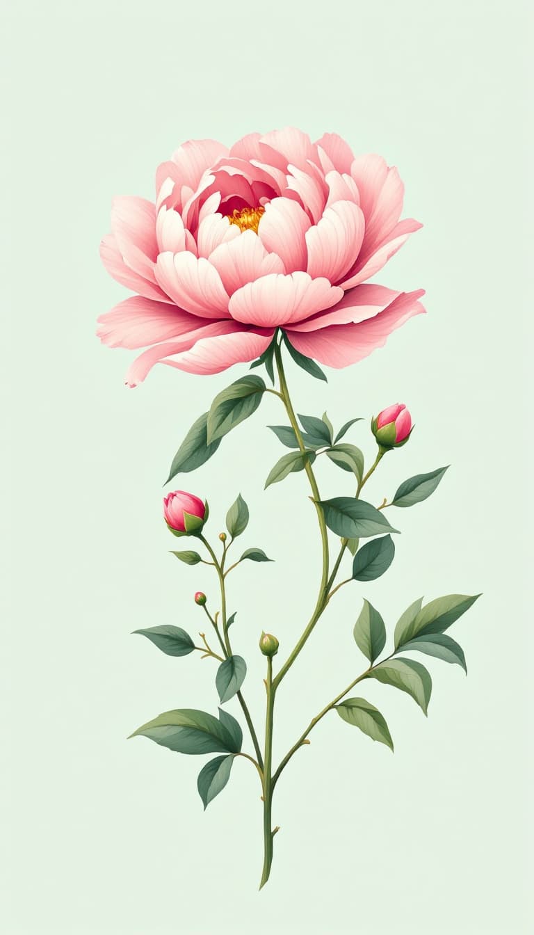 AI generated: Delicate illustration of a blooming pink peony on a slender green stem surrounded by soft green leav...