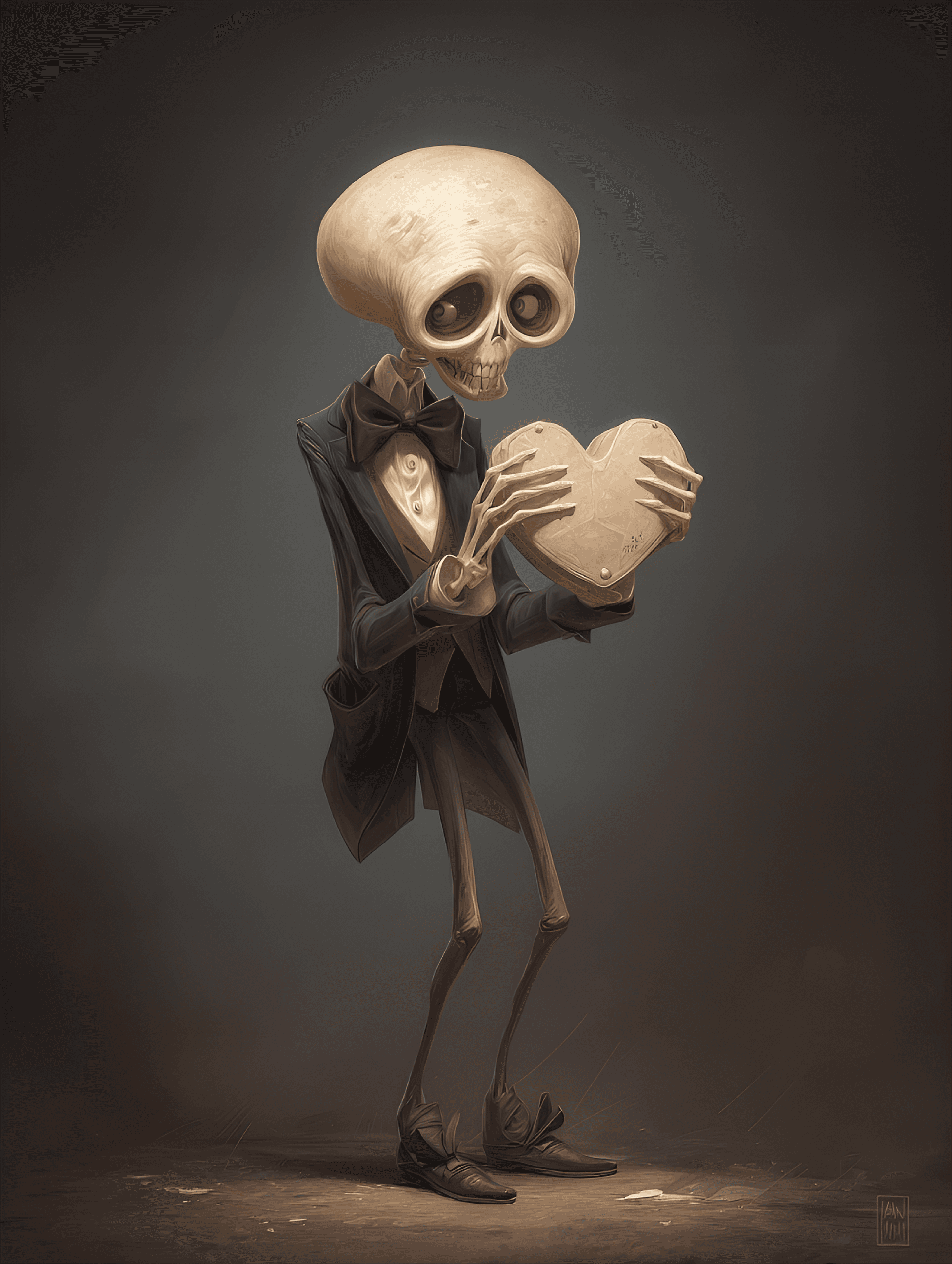 AI generated: funny caricature, skeletal gentleman character caricature, none specified, ageless, oversized skull,...