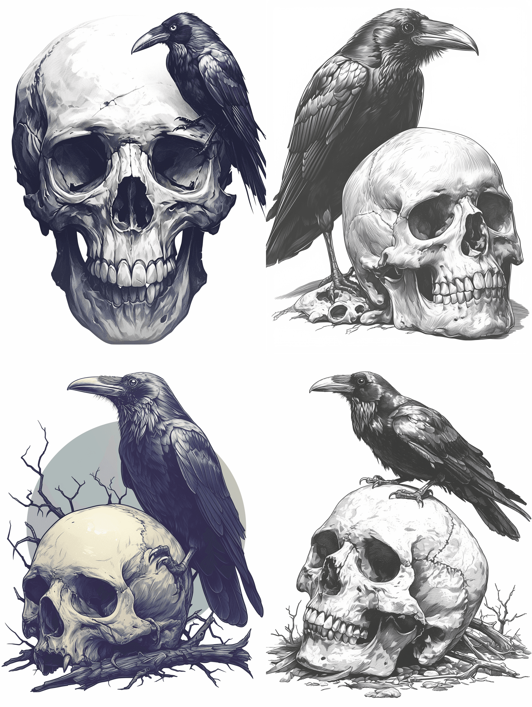 AI generated: A skull and a crow in the background, days on white background, sticker style, vector graphics, penc...